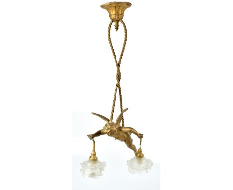 A gilt metal ceiling light modelled as Eros suspended by ropes carrying opaque floral moulded shades, length 65.5cm (one af).