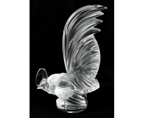 LALIQUE FRANCE; a frosted glass model of a cockerel raised on circular plinth base, signed, height 25.5cm.Additional Informat