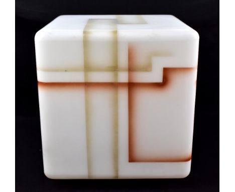 An Art Deco cube form frosted glass light shade with stylised decoration, height 20.5cm, diameter 19.5cm, diameter of opening