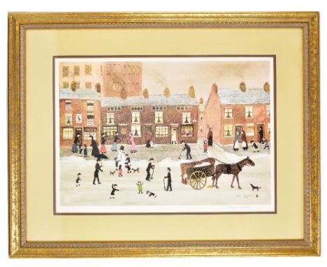HELEN LAYFIELD BRADLEY (1900-1979); pencil signed print depicting figures in snowy street scene, signed lower right, 40 x 58c