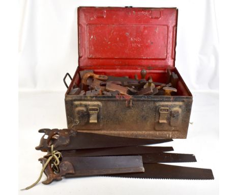A collection of early 20th century hand tools with six saws including a W. Tyzack example with stamped marks, length 46cm, ov