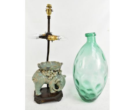 A modern table lamp, a green glass vase, and a modern glazed figure of an elephant (af) (3).Additional InformationElephant ha