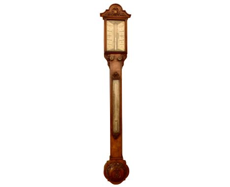 A Victorian walnut stick barometer, inscribed to the ivory dial 'Pastorelli &amp; Co, Piccadilly, London' with silvered therm