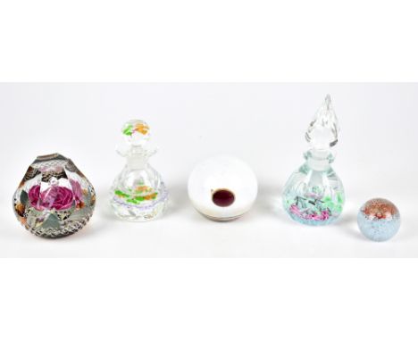 CAITHNESS; three glass paperweights including 'Queen Elizabeth Rose', 19/95, 'Winter Moon', and two Caithness glass inkwells 