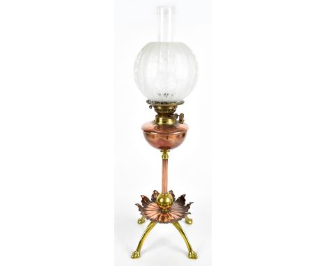 WILLIAM ARTHUR SMITH BENSON (1854-1924); an Arts &amp; Crafts copper and brass oil lamp raised on single Corinthian column su
