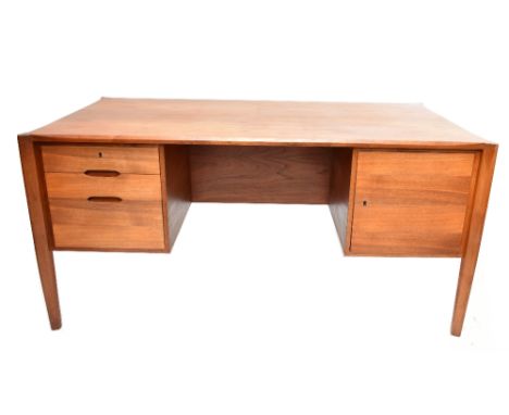 WILHELM RENZ; a mid-20th century&nbsp;Scandinavian teak partner's desk, the front with three drawers and a single panelled cu