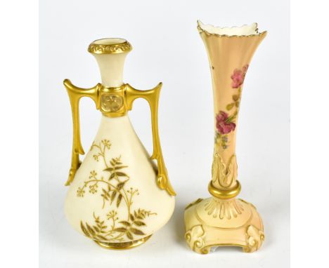 ROYAL WORCESTER; a blush ivory twin handled vase of tapering form with gilt floral decoration, height 15cm, together with a s