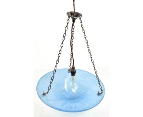 DEGUE; a French Art Deco ceiling light with chevron detailed blue glass shade, diameter 38cm.Additional InformationSome fritt