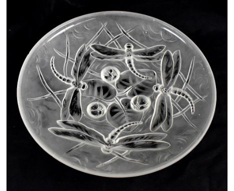 CARRILLO; a French Art Deco frosted glass bowl with moulded decoration depicting dragonflies, embossed signature, diameter 30