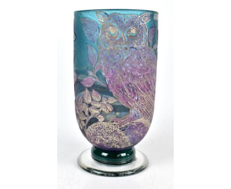 JONATHAN HARRIS; a studio glass 'Trial' vase with etched decoration of owl and butterflies amongst foliage, with silvered det