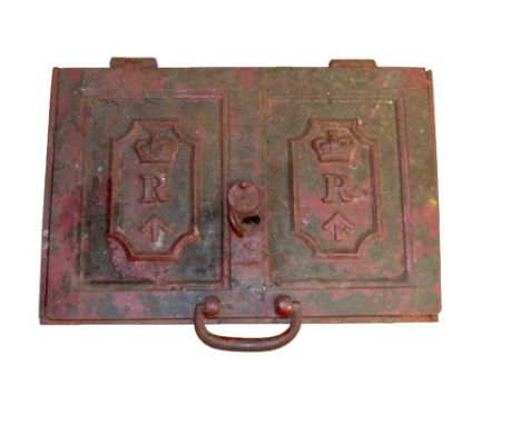 A military issued cast iron carrying safety box, the hinged lid set with two panels centred with a crown above the letter R w