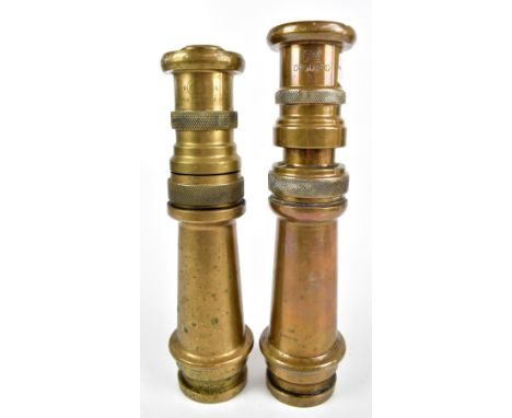 Two vintage brass fire hoses, one inscribed 'L&amp;G On Guard A', the second inscribed 'Elgon A', height 32.5cm, and 31.5cm.A
