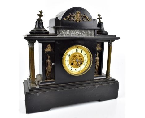 A late 19th century French black slate mausoleum type mantel clock, width 41cm (af).Additional InformationThe moulding sectio