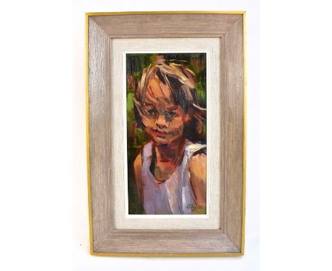 HAROLD RILEY DL, DLitt, FRCS, DFA, ATC (Born 1934); oil on board, portrait study of a young girl, signed and dated 61, 30 x 1