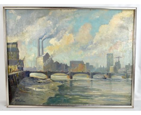 R C D LOWRY; oil on canvas board, view of the River Thames with Battersea power station beyond, signed, 66 x 86cm, framed.Add