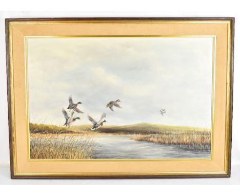 R DYER (20th Century); oil on board, mallards in flight over river scene, signed lower right 50 x 75cm, framed. (D)Additional