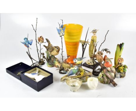 A group of ceramics, ceramic figures and glass including a Shelley Harmony vase, height 25cm, Guiseppe Armani figure, various