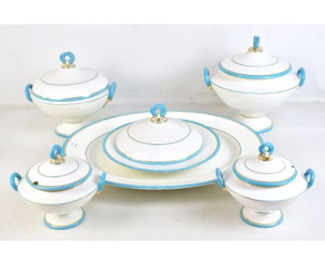 ROYAL WORCESTER; a small group of cream, turquoise and gilt heightened dinnerware comprising large oval meat platter, length 