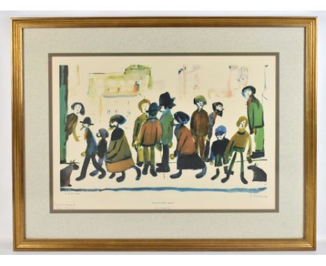 LAURENCE STEPHEN LOWRY RBA RA (1887-1976); a signed coloured print, 'People Standing About', signed in pencil lower right and