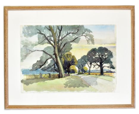 JOHN R. DAVIES R.I. (BRITISH, 1899-1985); watercolour, ‘Sussex Road’, tree-lined road in rural setting, signed and titled low