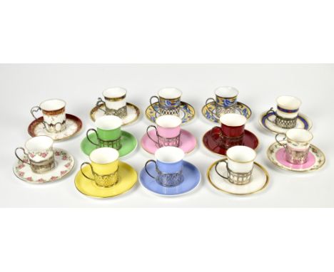 SHELLEY; thirteen bone china teacups and saucers, the cups with hallmarked silver mounts.&nbsp;Additional InformationLight cr