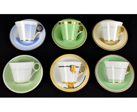 SHELLEY; six teacups and saucers in the Regent shape, various patterns to include 12221 'Fruit and Lines', printed marks and 