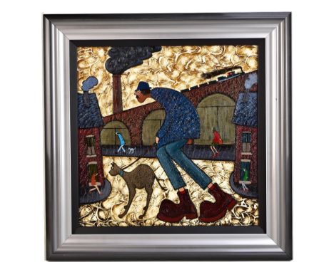 ALBERT BARLOW (British, Born 1944); oil on board, ‘Some Where in Stockport’, Stockport figural street scene with man walking 