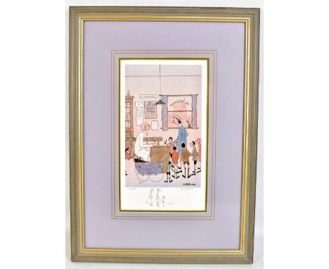 GEOFF W BIRKS (BRITISH, 1929-1993); offset lithograph on card, ‘Dr Basham’, signed with original pencil Remarque of three fig