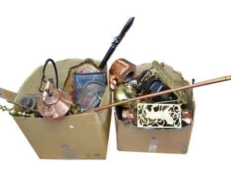A very large collection of predominately 19th century metalware including copper warming pan, brass trivets, copper kettles, 