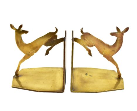 A pair of Art Deco brass bookends modelled as leaping deer, height 12cm.Additional InformationOne is slightly misshapen, ligh