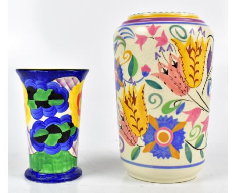 POOLE POTTERY; a 1950s hand painted cyclindrical vase with floral detail, impressed marks, height 23cm, and a Crown Ducal han