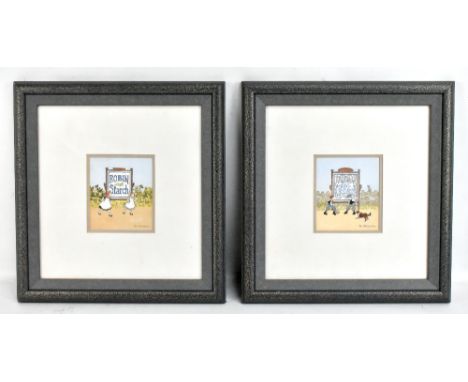 MARGARET CHAPMAN (1940-2000); a pair of watercolour and pencil drawings depicting children playing in front of advertising si
