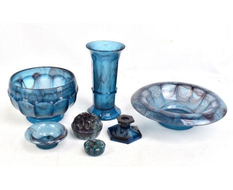 GEORGE DAVIDSON; five pieces of blue cloud glass to include pedestal bowl with central posy holder, diameter 34cm, a trumpet 