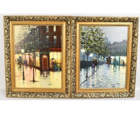 BARRY HILTON (BRITISH, Born 1941); two oils on canvas and board respectively, figural evening street scenes, both signed lowe
