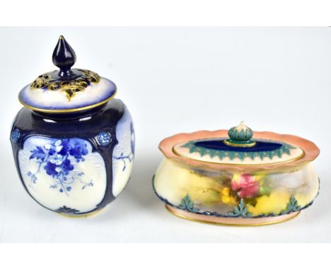 ROYAL WORCESTER HADLEY WARE; a hand painted lidded box of oval form decorated with roses, length 10.5cm, together with a simi