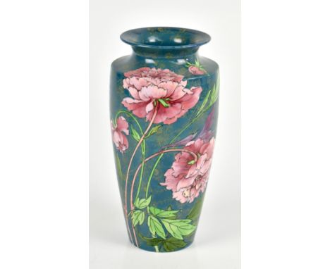 WILEMAN &amp; CO; a Foley Intarsio cylindrical vase of tapering form, painted with floral sprays on a blue ground, with paint