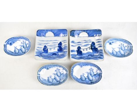 A pair of Japanese blue and white square sectioned shallow bowls, width 18cm, and four contemporary Japanese oval bowls, leng