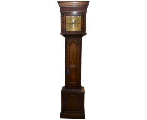 JAMES STEWART; a reproduction oak cased longcase clock, the case with blind fret and barley twist detail surrounding a brass 