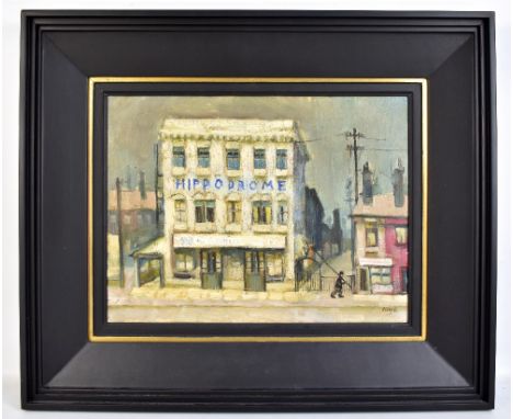 HAROLD RILEY DL, DLitt, FRCS, DFA, ATC (Born 1934); oil on canvas, lamp lighter walking on a pavement before the Hippodrome, 