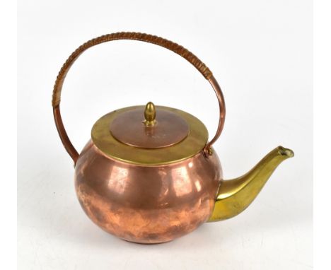 An Arts &amp; Crafts copper and brass teapot with swing wicker handle, impressed marks WW to base, height 19cm.Additional Inf