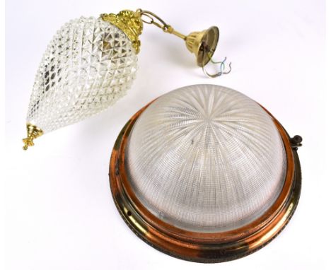 A gilt metal pendant light with moulded tapered shade, length approx 40cm, and a domed ceiling light with frosted shade, diam