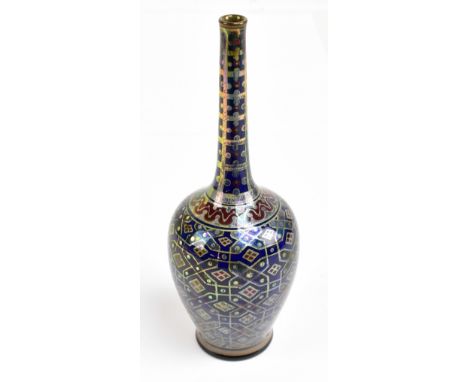 WILLIAM S MYCOCK FOR ROYAL LANCASTRIAN; a lustre glazed vase with silvered stylised detail on a cobalt blue ground, impressed