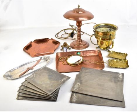 A collection of Arts &amp; Crafts and later metalware to include a crumb tray with ceramic cabochon, length 32cm, a desk lamp