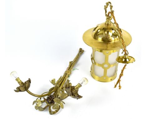 A brass lantern form ceiling light with opaque glass shade, length approx 37.5cm, and a gilt metal rose motif wall light, len