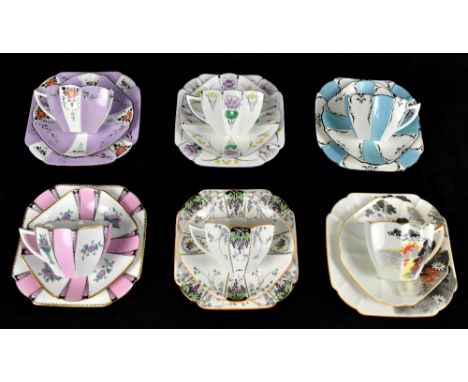 SHELLEY; six trios, each in the Queen Anne shape, various patterns to include 11581 'Scroll' pattern, 11691 'Sunset and Flowe