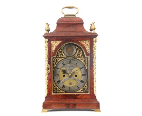 SPENCER &amp; PERKINS 44 SNOW HILL, LONDON A GEORGE III FIGURED MAHOGANY AND ORMOLU MOUNTED BELL TOP BRACKET CLOCK with foldi
