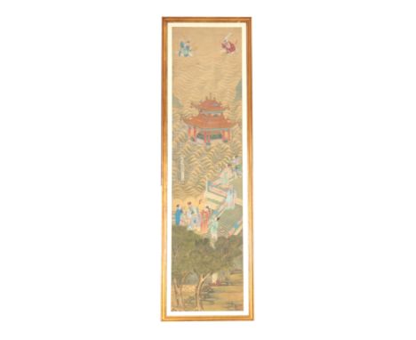 A LARGE 19TH CENTURY CHINESE PAINTED SILK PANEL finely decorated with figures and pagodas amongst clouds signed with two seal