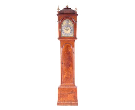 JOSEPH DAVIS, LONDON AN EARLY 18TH CENTURY BURR WALNUT LONGCASE CLOCK with caddy top pediment above a glazed arched door and 