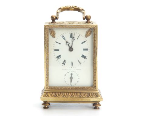 HENRY &amp; CIE A PARIS AN UNUSUAL 19TH CENTURY FRENCH BRASS CARRIAGE TIMEPIECE with overall cast designs of interlinking fol