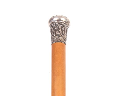 A 19TH CENTURY MALACCA AND SILVER MOUNTED CHINESE WALKING STICK decorated with Chinese figures in a treelined landscape 94cm 